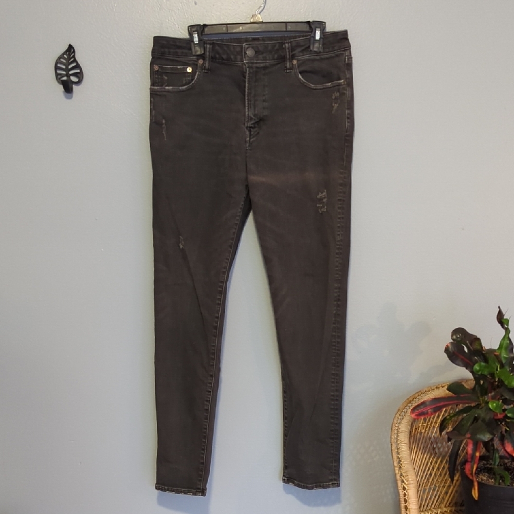 American Eagle Distressed Skinny Jeans In Black Wash Size 33x32